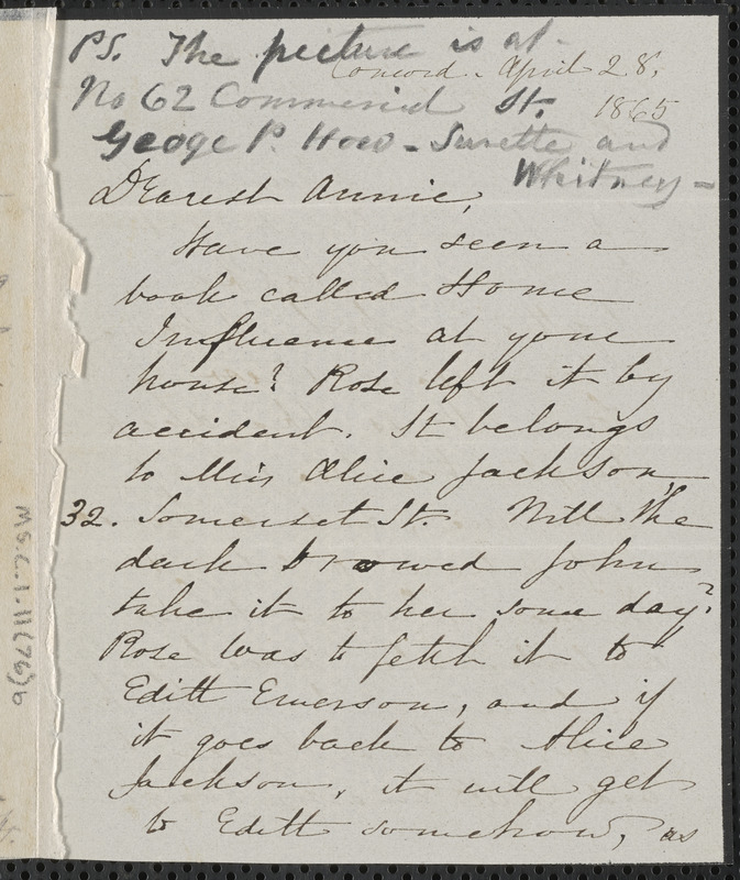 Sophia Hawthorne autograph letter signed to Annie Adams Fields, [Concord], 28 April 1865