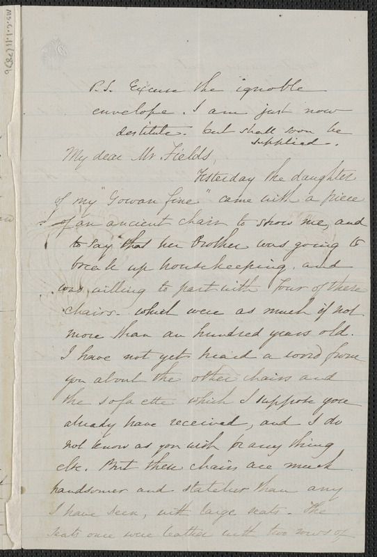 Sophia Hawthorne autograph letter signed to James Thomas Fields, [Concord], 4 June 1865