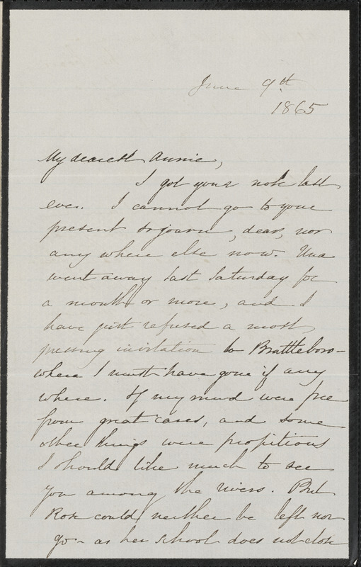 Sophia Hawthorne autograph letter signed to Annie Adams Fields, [Concord], 9 June 1865