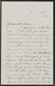 Sophia Hawthorne autograph letter signed to Annie Adams Fields, [Concord], 9 June 1865