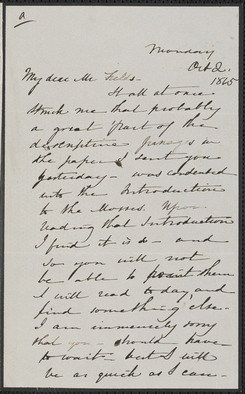 Sophia Hawthorne autograph letter signed to James Thomas Fields, [Concord], 2 October 1865