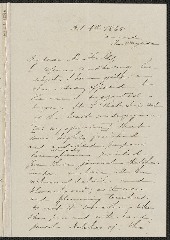 Sophia Hawthorne autograph letter signed to James Thomas Fields, [The Wayside, Concord], 4 October 1865