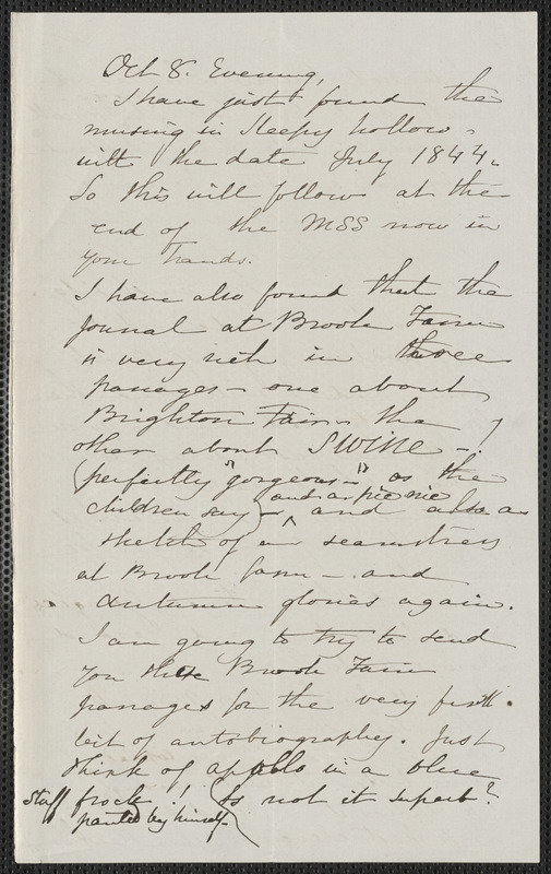 Sophia Hawthorne autograph letter signed to [James Thomas Fields, Concord], 8 October [1865]