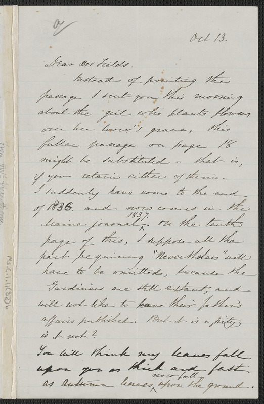 Sophia Hawthorne autograph letter signed to James Thomas Fields, [Concord], 13 October [1865]