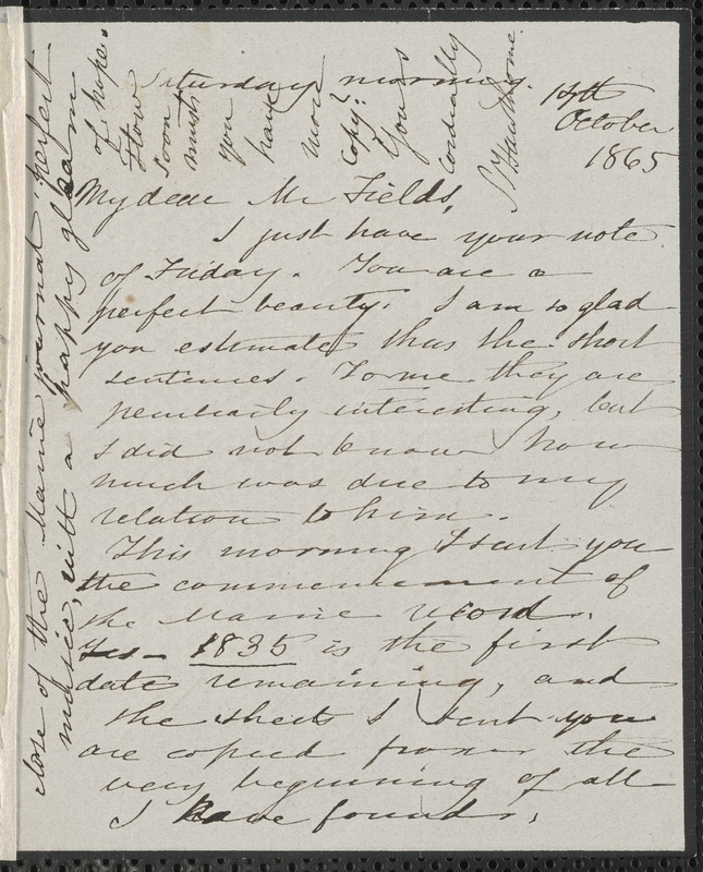 Sophia Hawthorne autograph letter signed to James Thomas Fields, [Concord], 14 October 1865