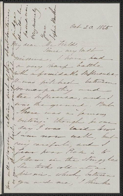 Sophia Hawthorne autograph letter signed to James Thomas Fields, [Concord], 20 October 1865
