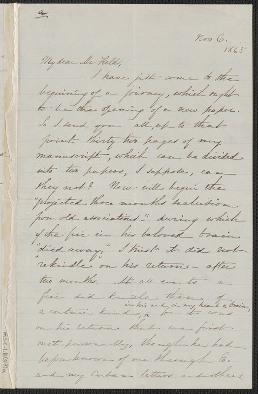 Sophia Hawthorne autograph letter signed to James Thomas Fields, [Concord], 6 November 1865
