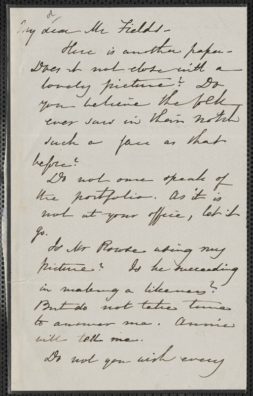 Sophia Hawthorne autograph letter signed to James Thomas Fields, [Concord], approximately 20 November 1865