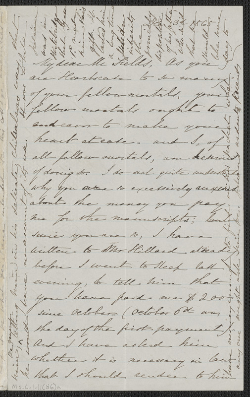 Sophia Hawthorne autograph letter signed to James Thomas Fields, [Concord], 3 December 1865