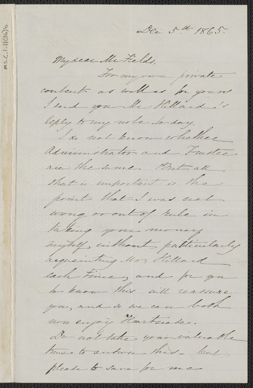Sophia Hawthorne autograph letter signed to James Thomas Fields, [Concord], 5 December 1865