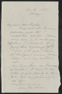 Sophia Hawthorne autograph letter signed to James Thomas Fields, [Concord], 16 December 1865