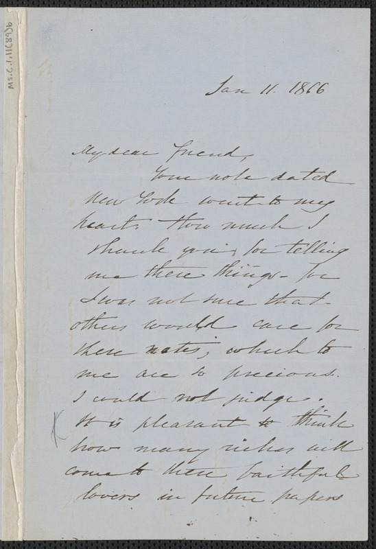 Sophia Hawthorne autograph letter signed to [James Thomas Fields, Concord], 11 January 1866