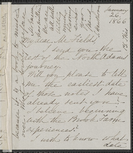 Sophia Hawthorne autograph letter signed to James Thomas Fields, [Concord], 26 January 1866