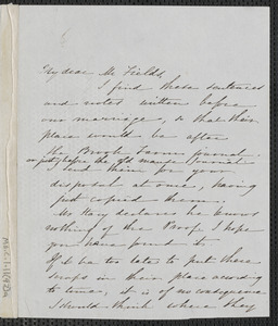 Sophia Hawthorne autograph letter signed to James Thomas Fields, [Concord], 24 February 1866