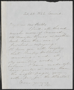 Sophia Hawthorne autograph note signed to James Thomas Fields, [Concord], 25 February 1866