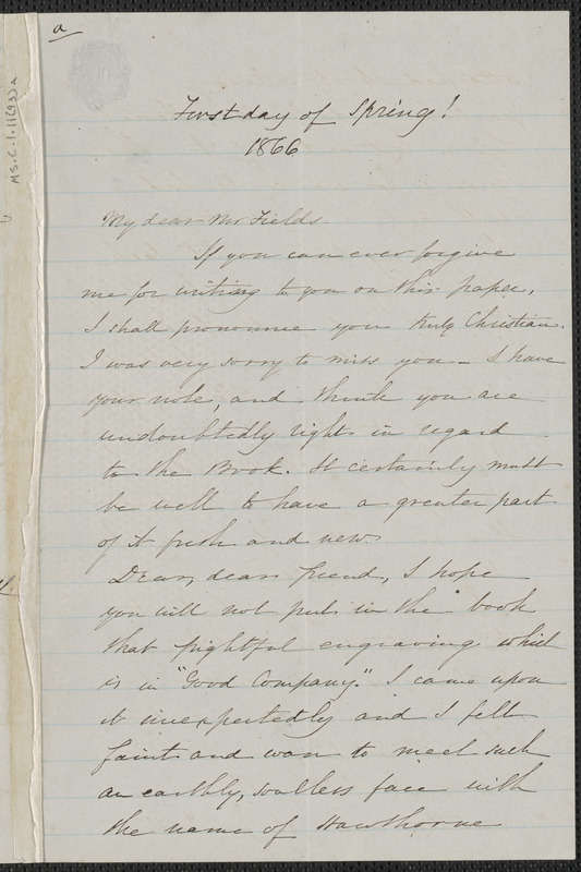 Sophia Hawthorne autograph letter signed to James Thomas Fields, [Concord], approximately 1 March 1866