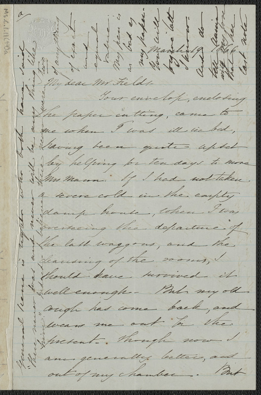 Sophia Hawthorne autograph letter signed to James Thomas Fields, [Concord], 19 March 1866