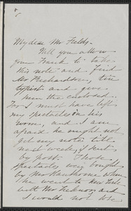 Sophia Hawthorne autograph note signed to James Thomas Fields, [Concord], 14 April 1866