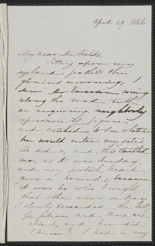 Sophia Hawthorne autograph letter signed to James Thomas Fields, [Concord], 29 April 1866