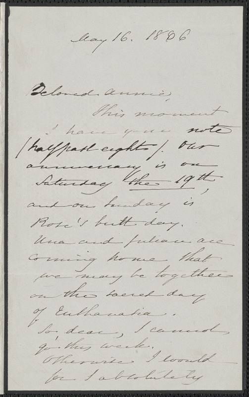 Sophia Hawthorne autograph letter signed  to Annie Adams Fields, [Concord], 16 May 1866