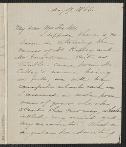 Sophia Hawthorne autograph letter signed to James Thomas Fields, [Concord], 17 May 1866