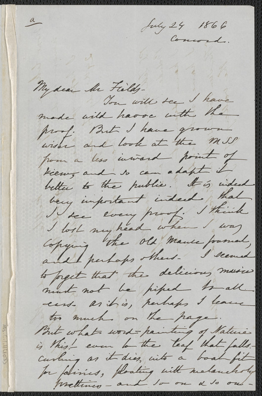 Sophia Hawthorne autograph letter signed to James Thomas Fields, [Concord], 24 July 1866