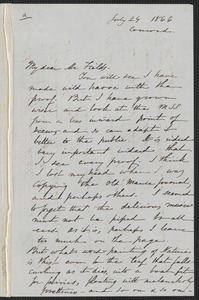Sophia Hawthorne autograph letter signed to James Thomas Fields, [Concord], 24 July 1866