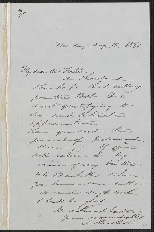 Sophia Hawthorne autograph note signed to James Thomas Fields, [Concord], 12 August 1866