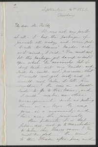 Sophia Hawthorne autograph letter signed to James Thomas Fields, [Concord], 4 September 1866