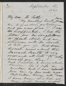 Sophia Hawthorne autograph letter signed to James Thomas Fields, [Concord], 12 September 1866