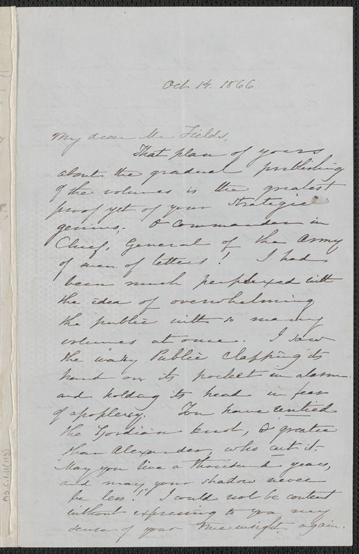 Sophia Hawthorne autograph letter signed to James Thomas Fields, [Concord], 14 October 1866