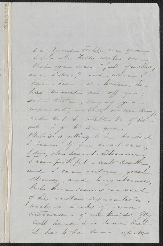 Sophia Hawthorne autograph letter signed to Annie Adams Fields, [Concord], 24 November 1866