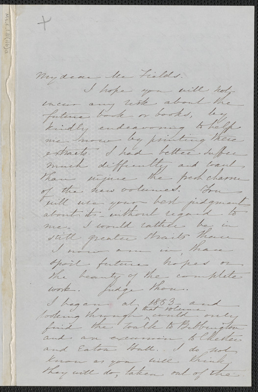 Sophia Hawthorne autograph letter signed to James Thomas Fields, [Concord], 9 December 1866