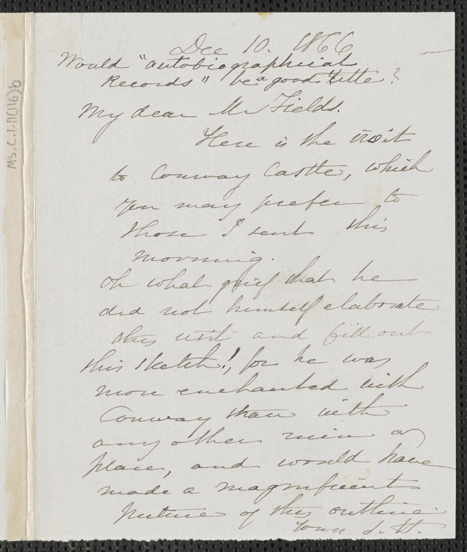 Sophia Hawthorne autograph note signed to James Thomas Fields, [Concord], 10 December 1866