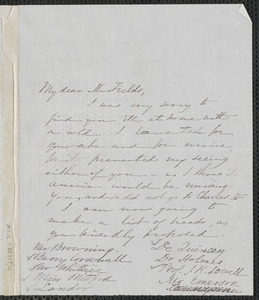 Sophia Hawthorne autograph letter signed to James Thomas Fields, [Concord], approximately December 1866