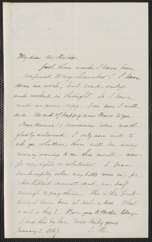 Sophia Hawthorne autograph letter signed to James Thomas Fields, [Concord], 2 January 1867