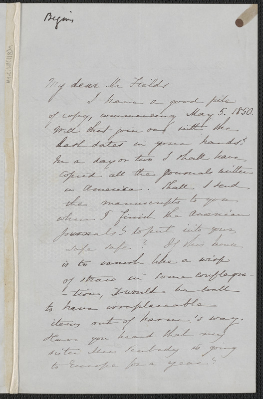 Sophia Hawthorne autograph letter signed to James Thomas Fields, [Concord], 25 February 1867