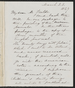 Sophia Hawthorne autograph letter signed to James Thomas Fields, [Concord], 23 March 1867