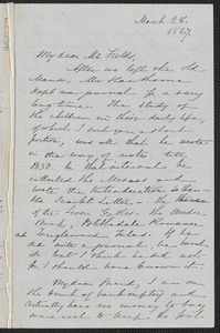 Sophia Hawthorne autograph letter signed to James Thomas Fields, [Concord], 28 March 1867