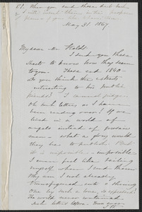 Sophia Hawthorne autograph note signed to James Thomas Fields, [Concord], 31 May 1867