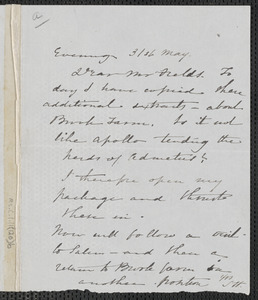 Sophia Hawthorne autograph note signed to James Thomas Fields, [Concord], 31 May [1867]