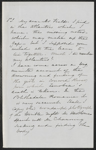 Sophia Hawthorne autograph manuscript to James Thomas Fields, [Concord], approximately May 1867