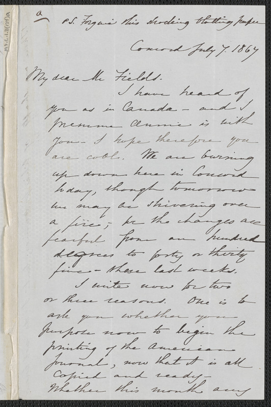 Sophia Hawthorne autograph letter signed to James Thomas Fields, [Concord], 7 July 1867