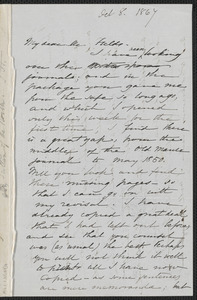 Sophia Hawthorne autograph letter signed to James Thomas Fields, [Concord], 8 October 1867