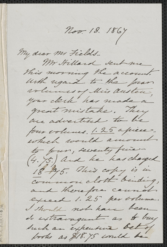 Sophia Hawthorne autograph letter signed to James Thomas Fields, [Concord], 18 November 1867