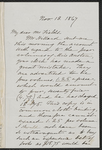 Sophia Hawthorne autograph letter signed to James Thomas Fields, [Concord], 18 November 1867