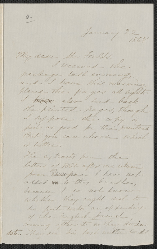 Sophia Hawthorne autograph letter signed to James Thomas Fileds, [Concord], 22 January 1868