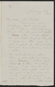 Sophia Hawthorne autograph letter signed to James Thomas Fileds, [Concord], 22 January 1868