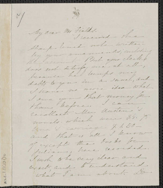 Sophia Hawthorne autograph letter signed to James Thomas Fields, [Brattleboro, Vt], 20 May [1868]