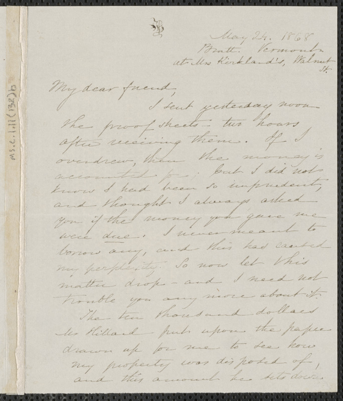 Sophia Hawthorne autograph letter signed to James Thomas Fields, Brattleboro, Vermont, 24 May 1868